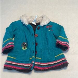 Teal Knit Coat with Colorful Embroidery from Catimini
